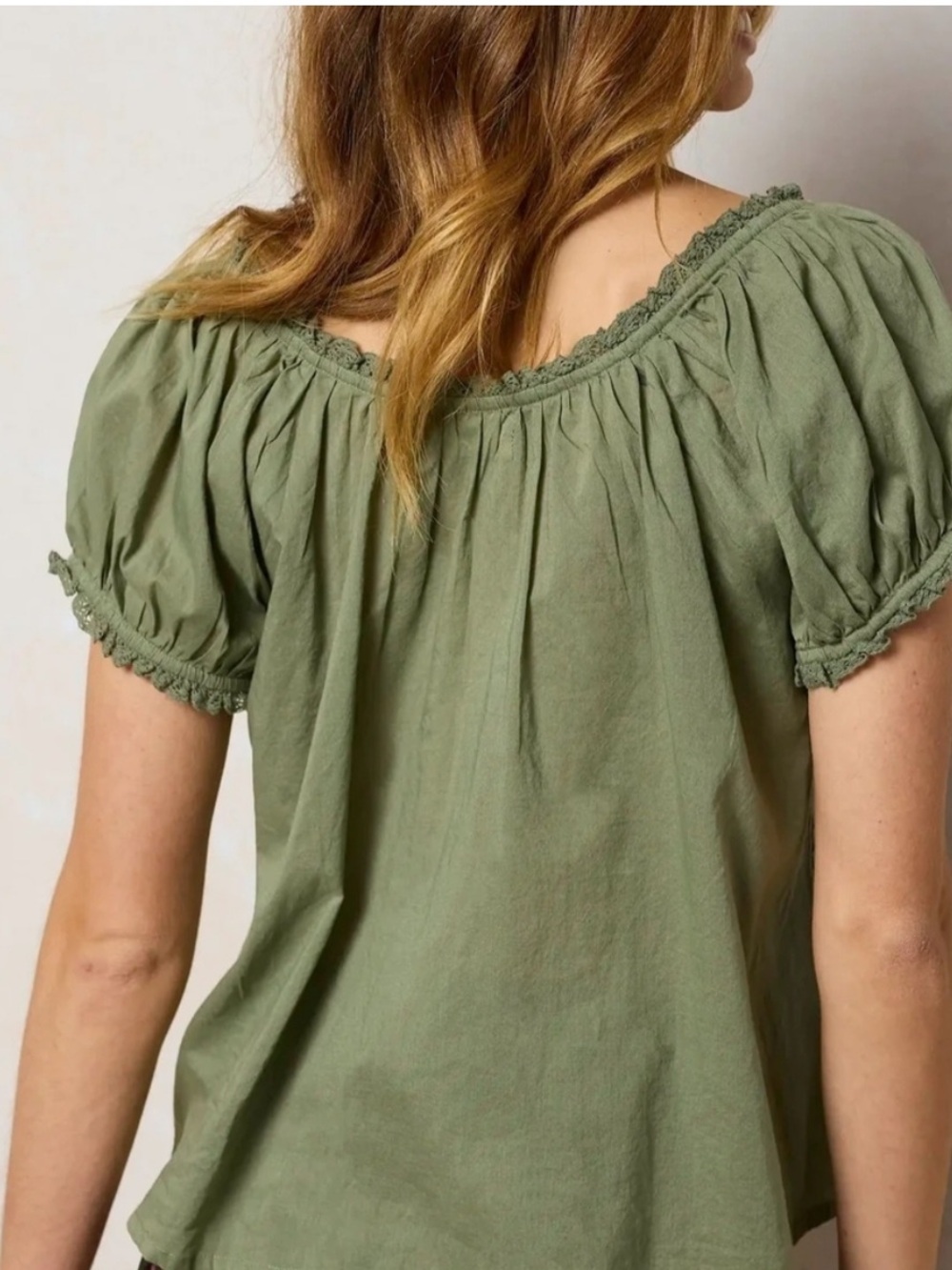 NATURAL LIFE Sweet Nothings Olive Green Short Sleeves Embroidered Cotton Top S - Picture 3 of 12